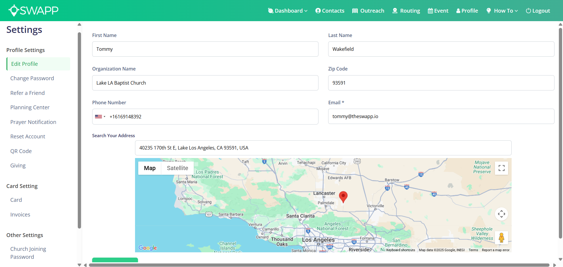 Profile view of Admin Dashboard for SWAPP custom church app